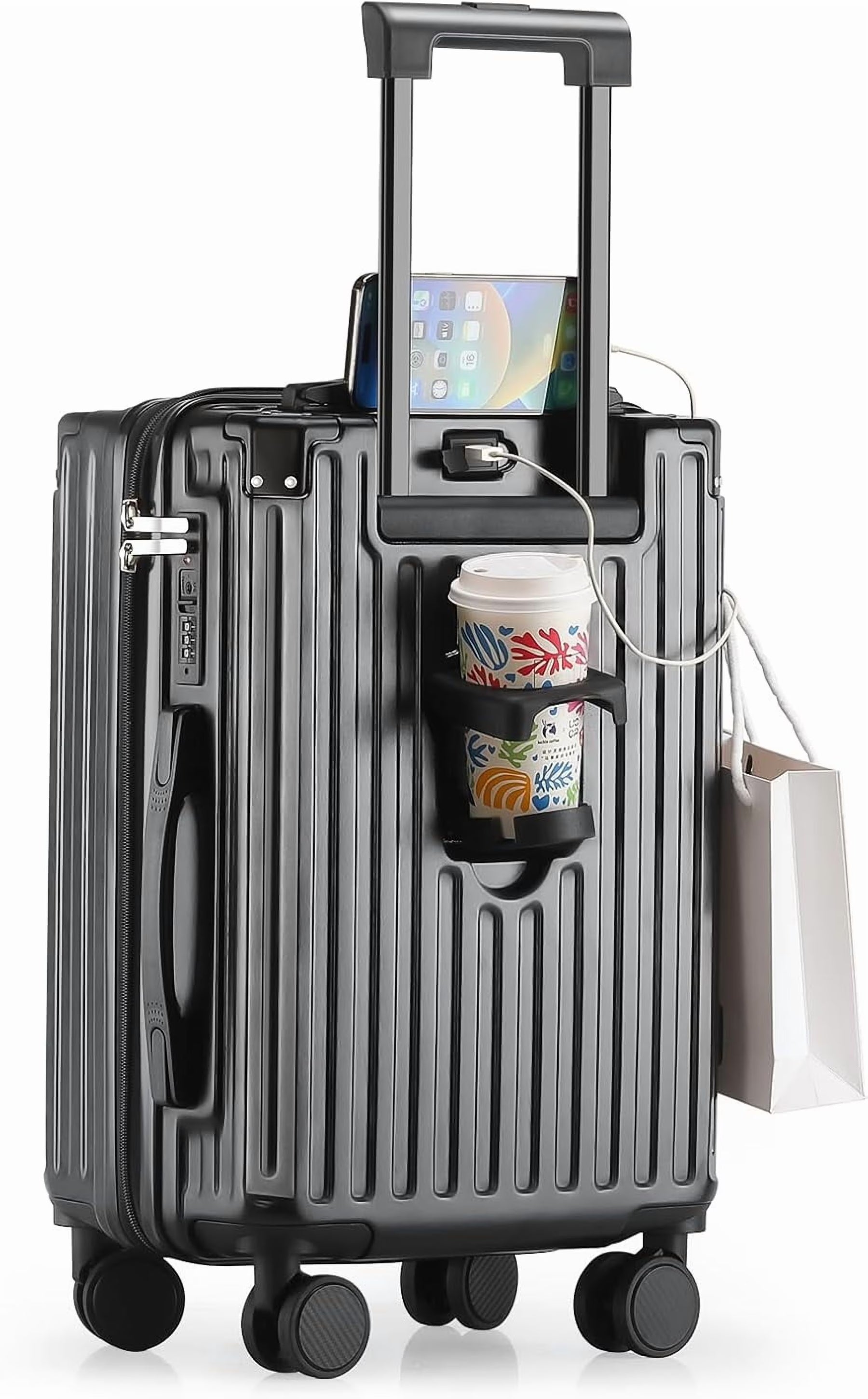 20 in Carry on Luggage with Cup Holder & USB Port, Airline Approved TSA - Locked Luggage, Lightweight PC Material Travel Suitcase