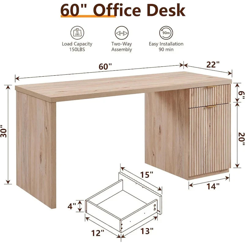 60 - Inch Contemporary Executive Desk - Wooden Home Office & Fluted Computer Desk
