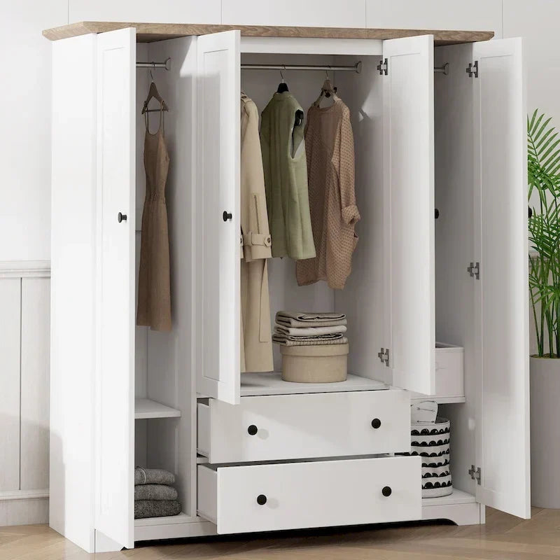 Freestanding 4 - Door Wardrobe Armoire with 2 Drawers and Hanging Rods for Clothes Storage