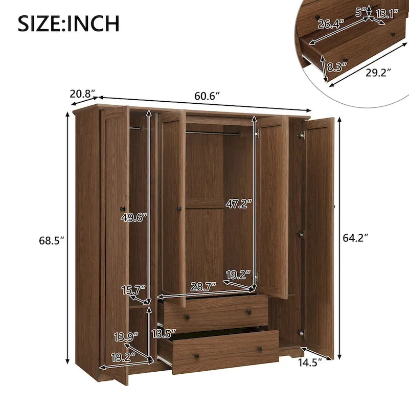 Freestanding 4 - Door Wardrobe Armoire with 2 Drawers and Hanging Rods for Clothes Storage