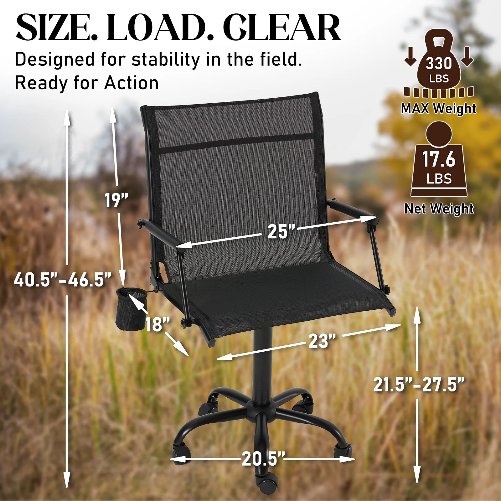 AECOJOY Hunting Swivel Chair, Adjustable Height, Foldable Backrest, Sturdy Frame for Long Hunts
