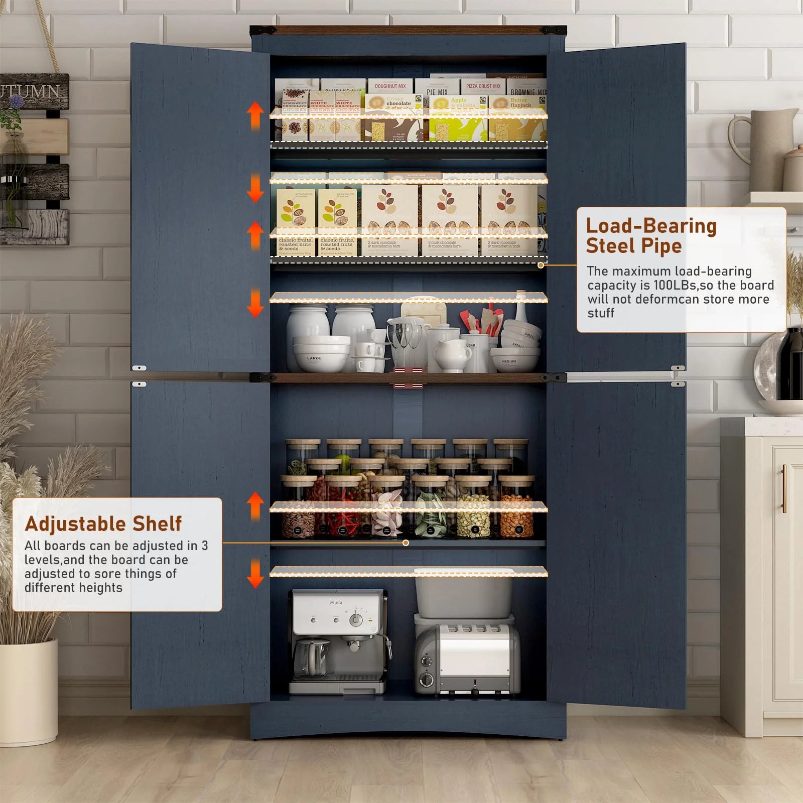 71" Tall Farmhouse Kitchen Pantry Cabinet, 5 Layers Storage Cabinet with Adjustable Shelves, Farmhouse Pantry Cabinet with 4 Barn Doors