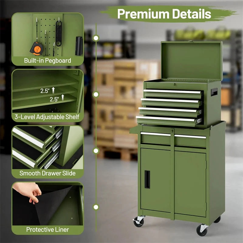 2 - in - 1 Rolling Tool Chest, 5-Drawer Tool Storage Cabinet with Wheels, Adjustable Shelf, Tool Box Organizer for Garage Warehouse Workshop