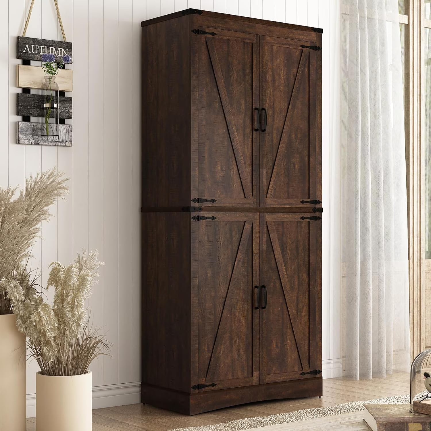 71" Tall Farmhouse Kitchen Pantry Cabinet, 5 Layers Storage Cabinet with Adjustable Shelves, Farmhouse Pantry Cabinet with 4 Barn Doors
