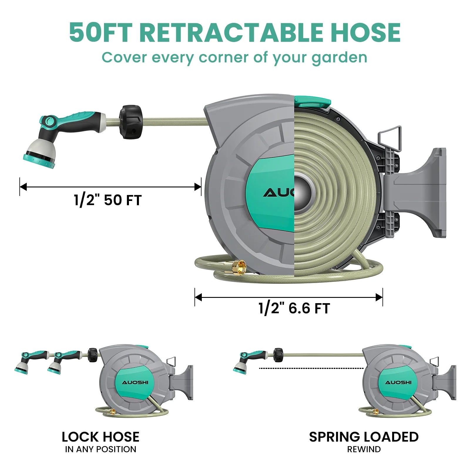 AUOSHI Retractable Garden Hose Reel 1/2" 100ft Automatic Hose Reel with 10 Function Sprayer Nozzle Wall Mount 180 Deg Swivel Bracket Hose Reel