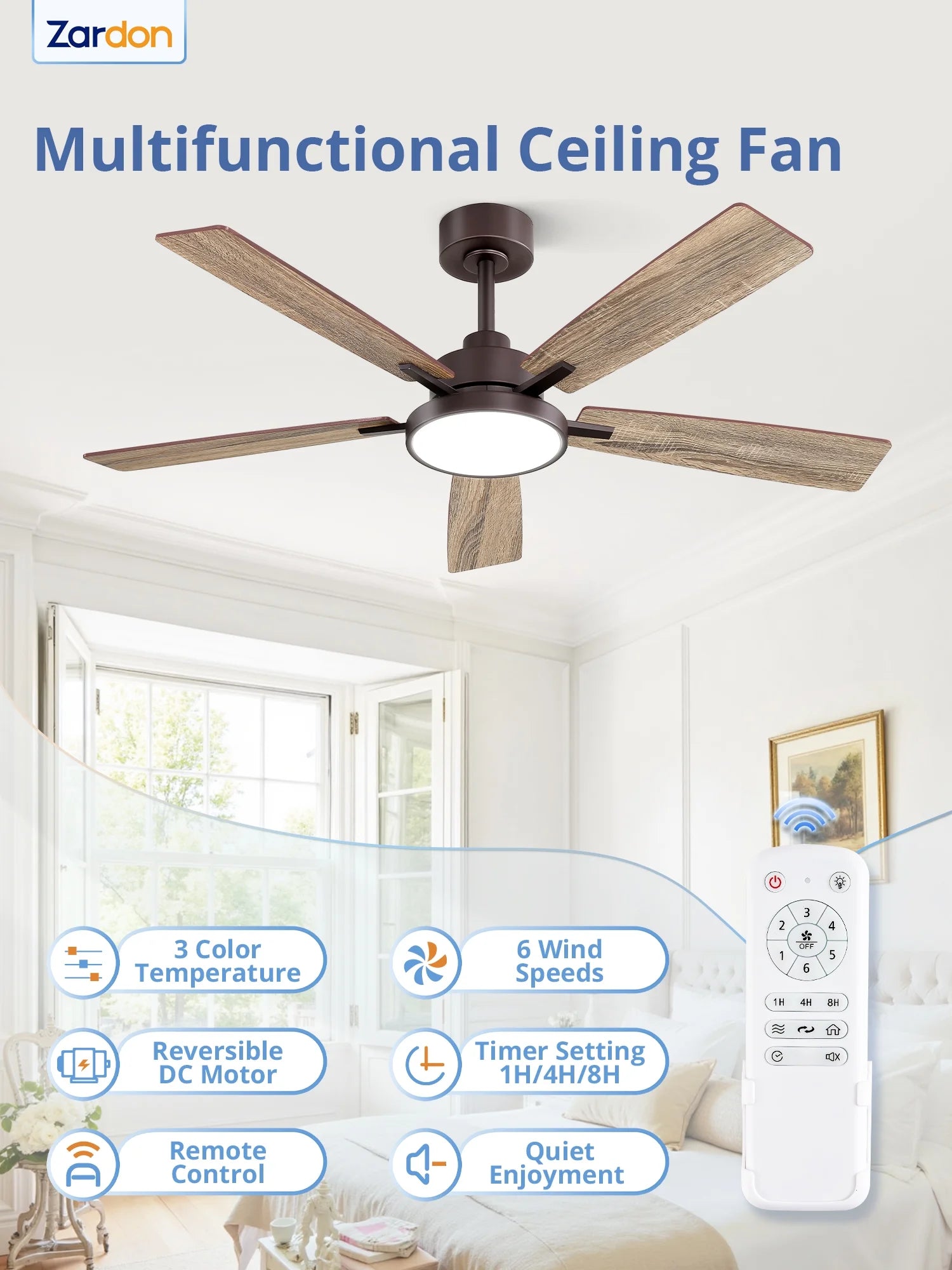 Zardon 52 in Black Ceiling Fan with LED Light and Remote, Downrod 6-Speed and Quiet Reversible DC Motor for Bedroom, Living Room, Indoor