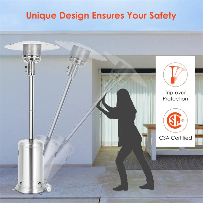 50,000 BTU Propane Patio Heater, Standing Stainless Steel Outdoor Heater with Wheels, Triple Protection, CSA Certified for Deck & Commercial