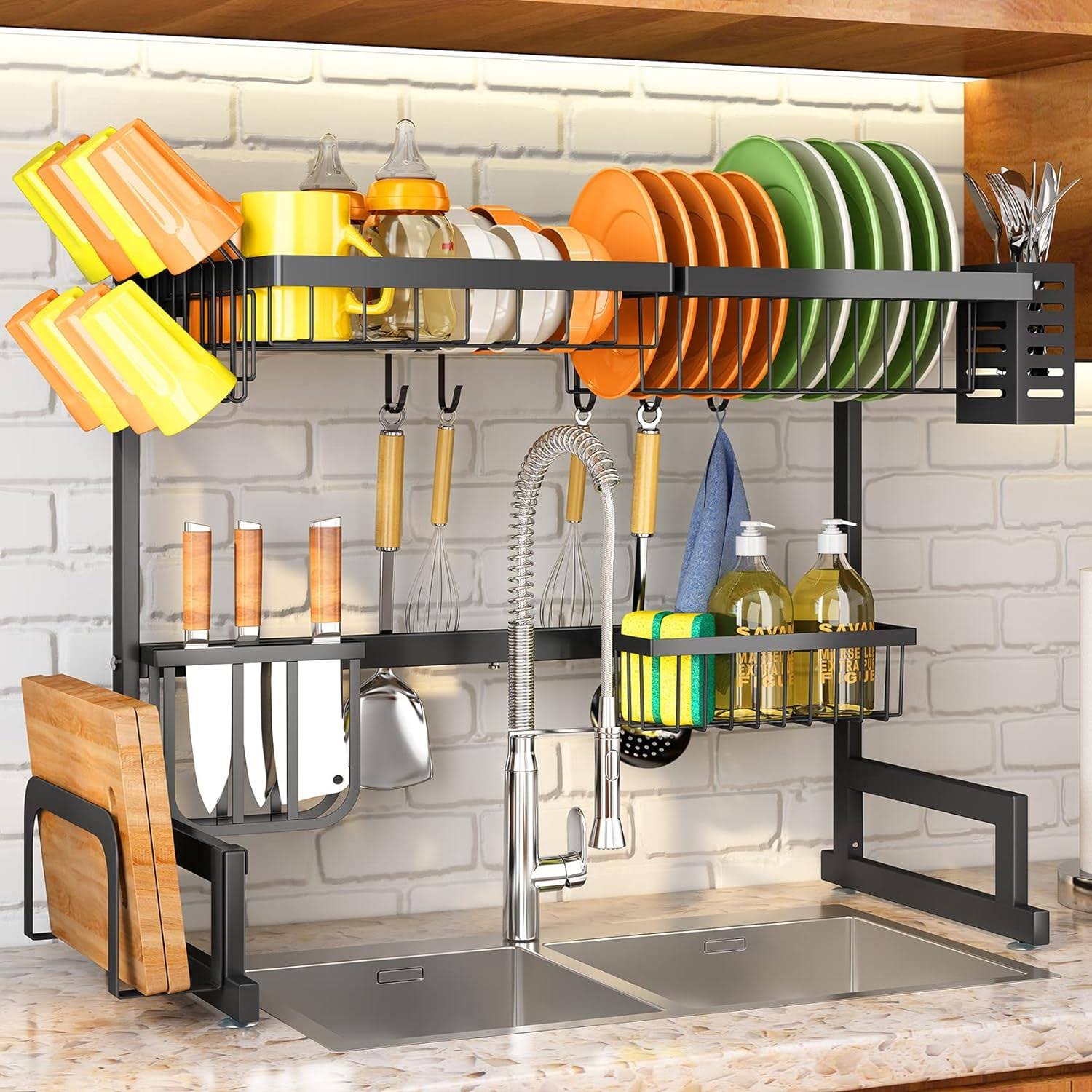 SNTD Over The Sink Dish Drying Rack, Adjustable (26.8" to 34.6") Large Dish Drying Rack for Kitchen Counter with Multiple Baskets Utensil Sponge