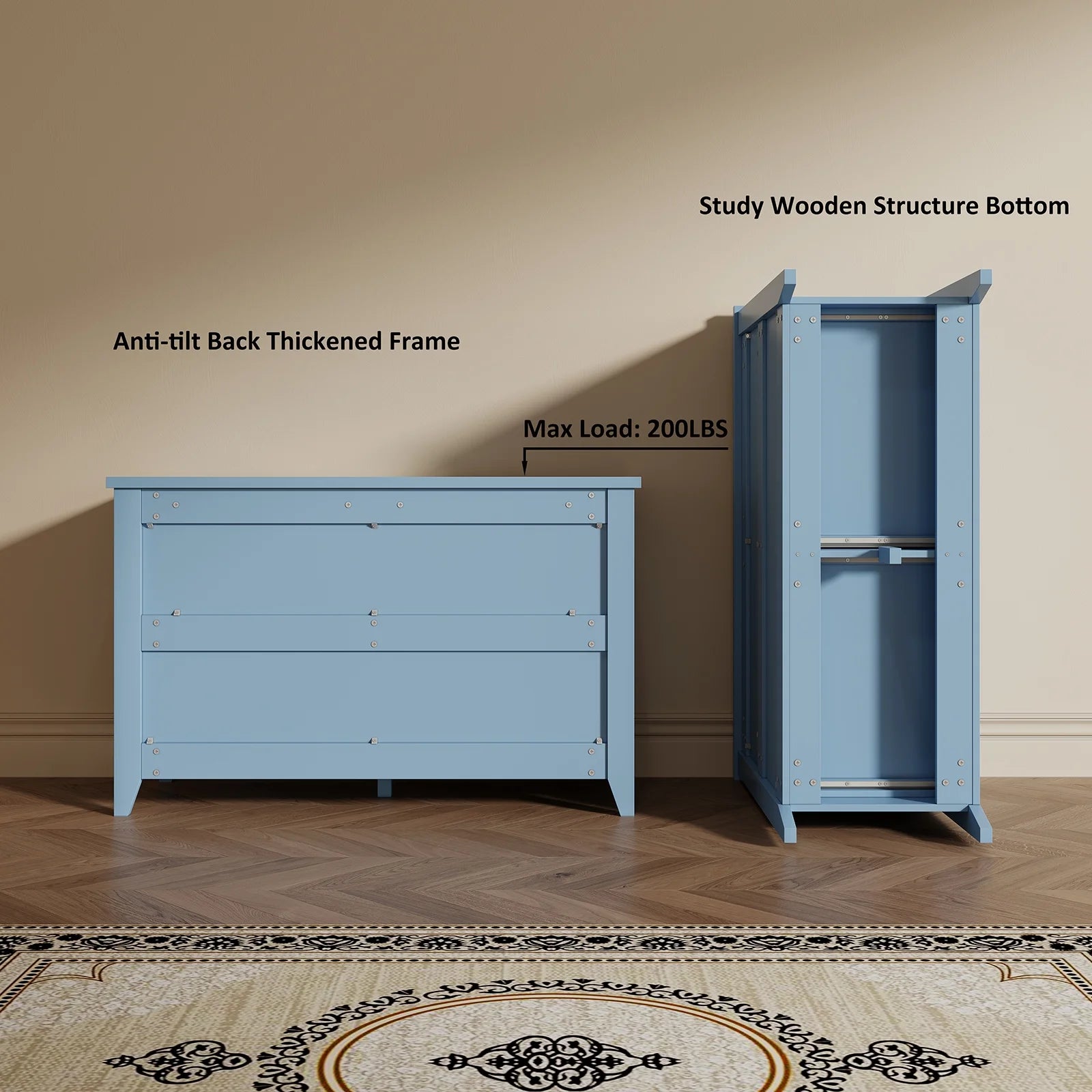 6 Drawer Dresser, Light Blue Elegant Chest of Drawers, Large Cabinet with Storage, Rustic Wood Chest of Drawers for Bedroom, Living Room, Hallway
