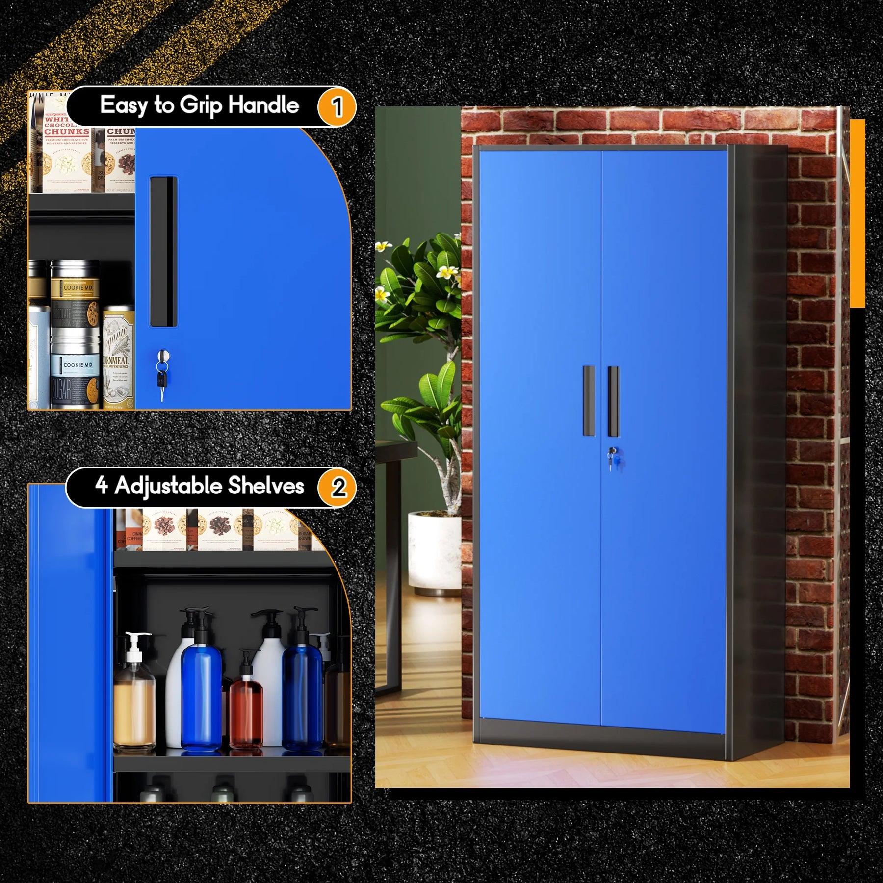 SOLAURA 71" Metal Garage Storage Cabinet with Locking Doors and Adjustable Shelves for Home, Office(Black)