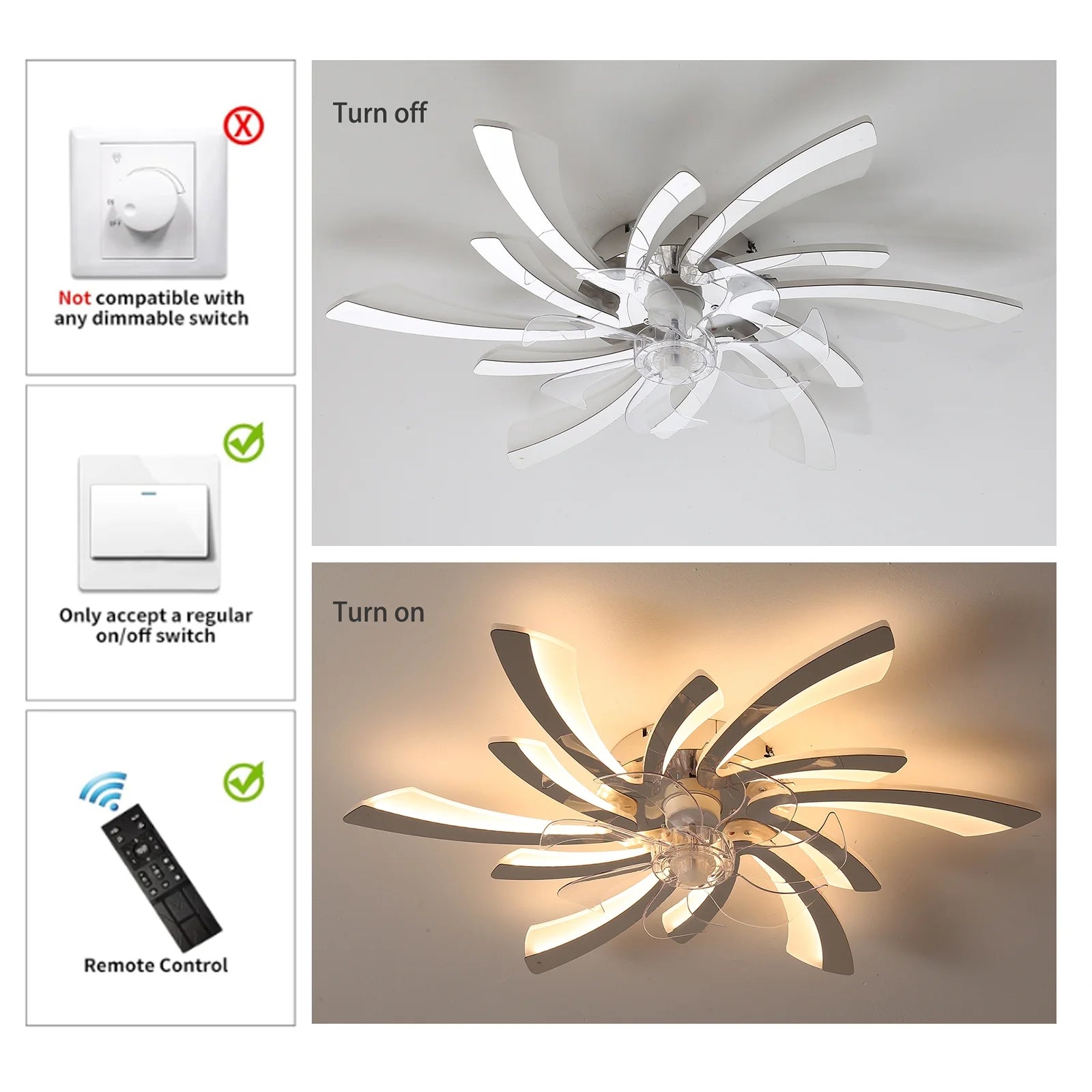 Garwarm Dimmable Ceiling Fan with Light and Remote Control, 27" Small Flush Mounted Ceiling Fan