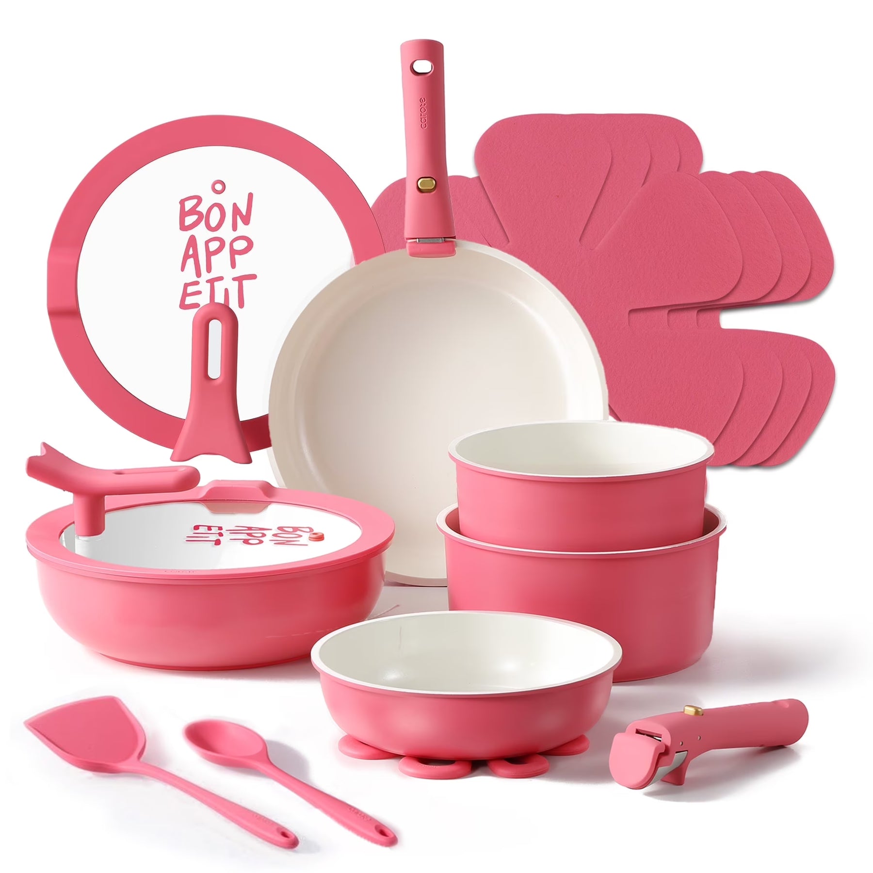 Carote 18 Pcs Ceramic Nonstick Cookware Set, Pots and Pans Set with Detachable Handles, Oven/Dishwasher Safe, Stackable Kitchen Cooking Set, White