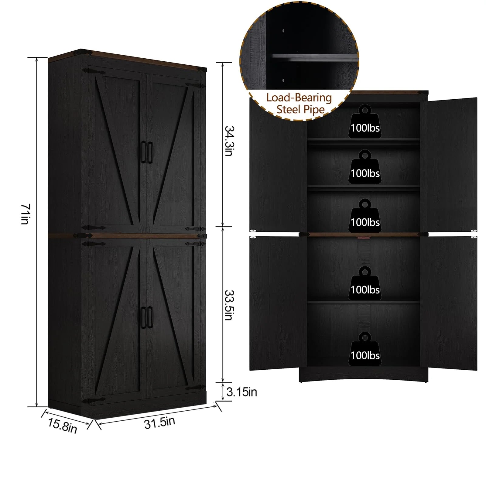 71" Tall Farmhouse Kitchen Pantry Cabinet, 5 Layers Storage Cabinet with Adjustable Shelves, Farmhouse Pantry Cabinet with 4 Barn Doors