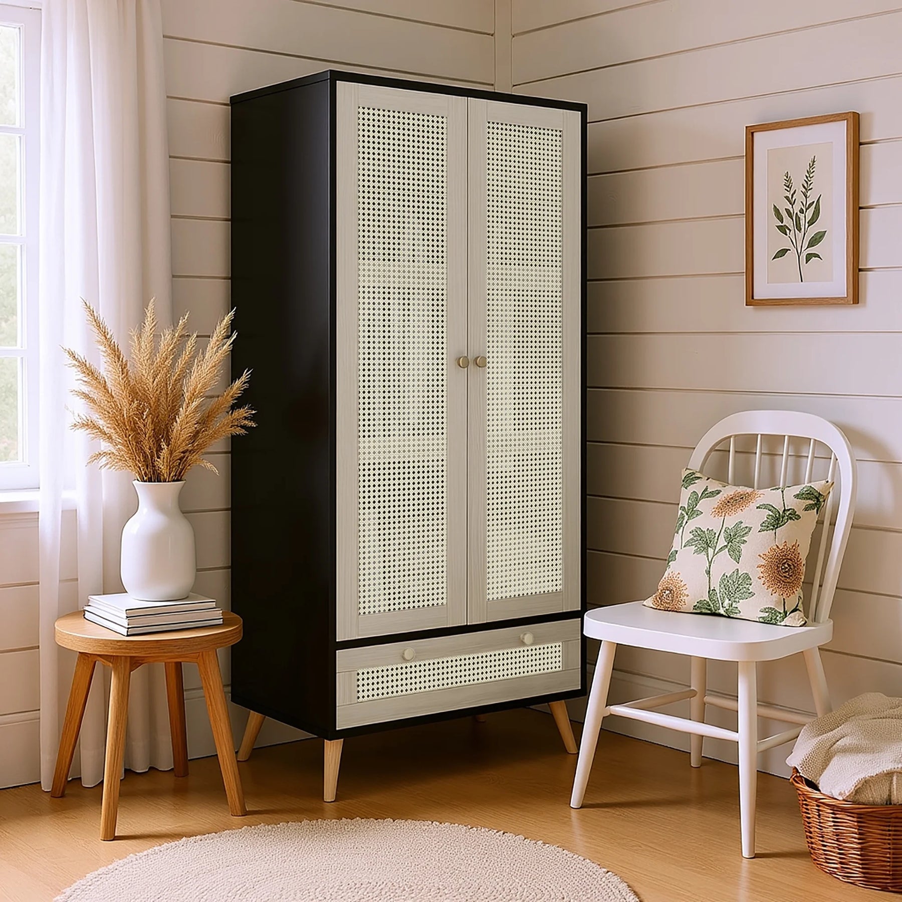 GOMYHOME Accent Cabinet with Rattan Doors & Drawer, Modern Storage Armoire for Living Room, Bedroom, Natural Wood Finish