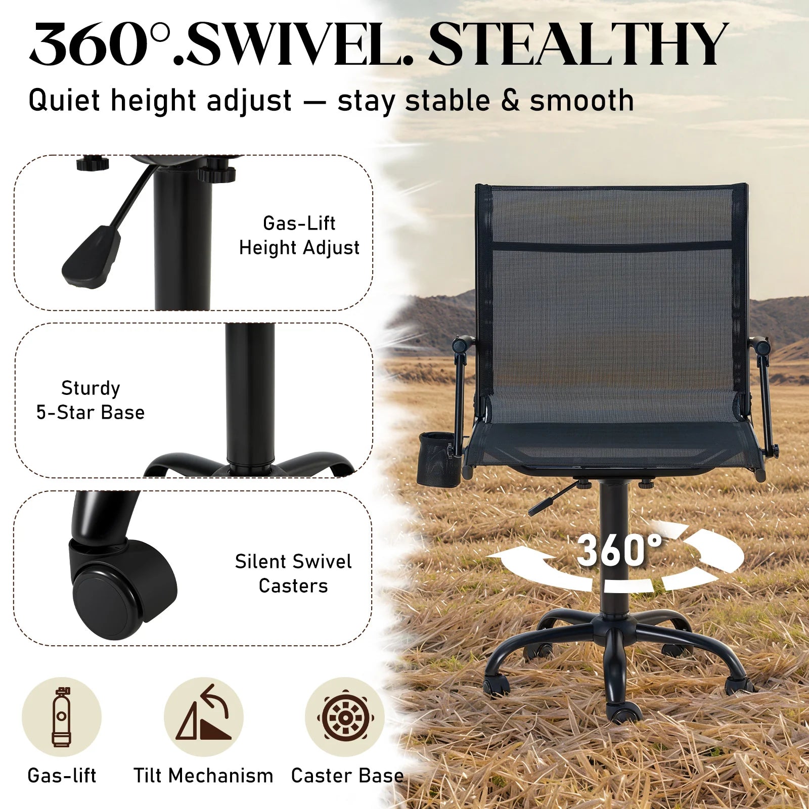AECOJOY Hunting Swivel Chair, Adjustable Height, Foldable Backrest, Sturdy Frame for Long Hunts