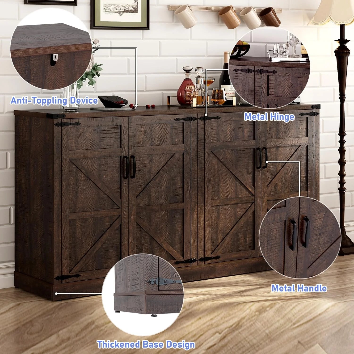 71" Tall Farmhouse Kitchen Pantry Cabinet, 5 Layers Storage Cabinet with Adjustable Shelves, Farmhouse Pantry Cabinet with 4 Barn Doors