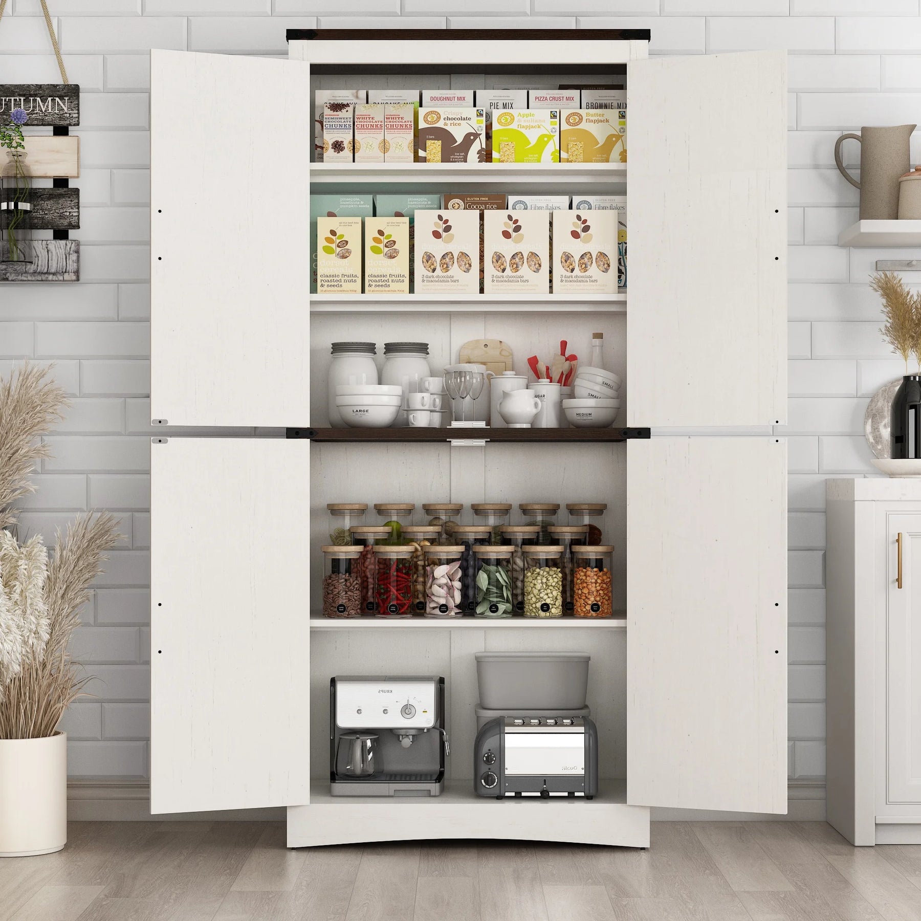 71" Tall Farmhouse Kitchen Pantry Cabinet, 5 Layers Storage Cabinet with Adjustable Shelves, Farmhouse Pantry Cabinet with 4 Barn Doors