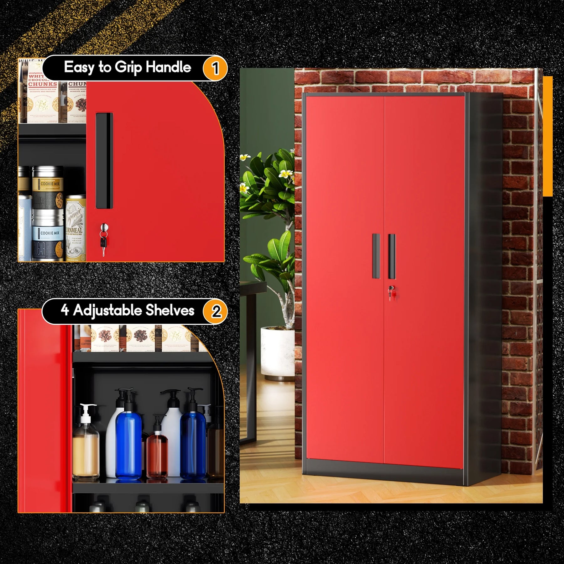 SOLAURA 71" Metal Garage Storage Cabinet with Locking Doors and Adjustable Shelves for Home, Office(Black)