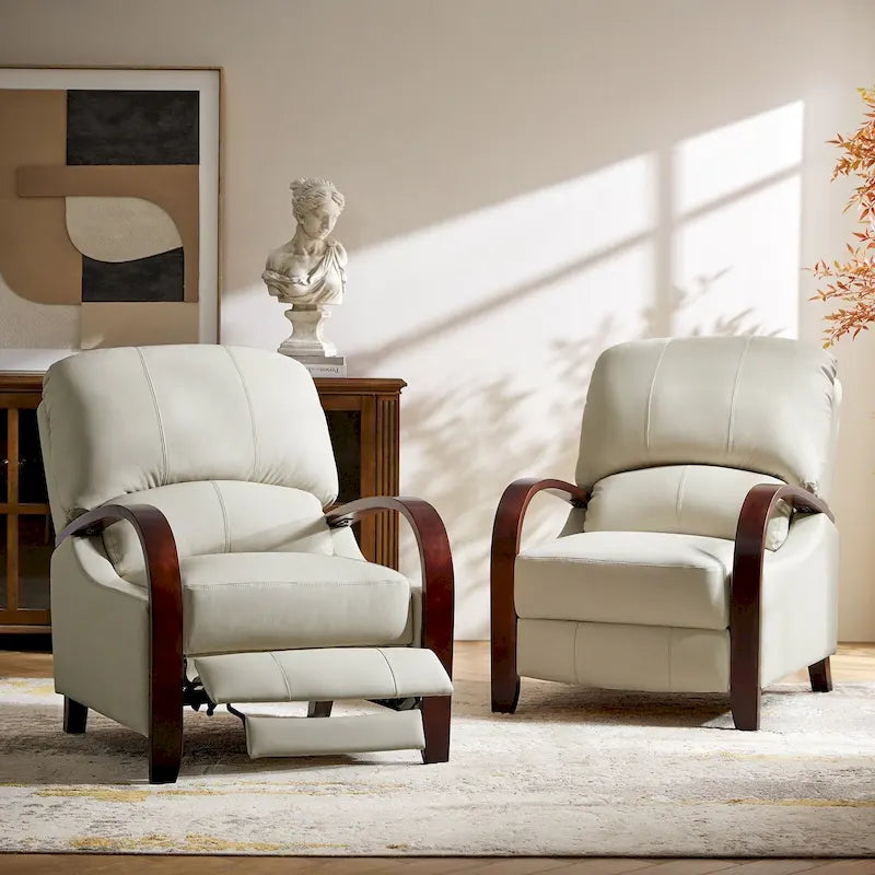 Set of 2 Alex Mid - Century Modern Genuine Leather Manual Recliners with Curved Wooden Arms