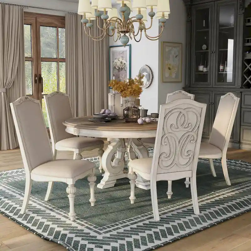Caelum 7-Piece Round Dining Set with White Fabric Upholstery by The Gray Barn