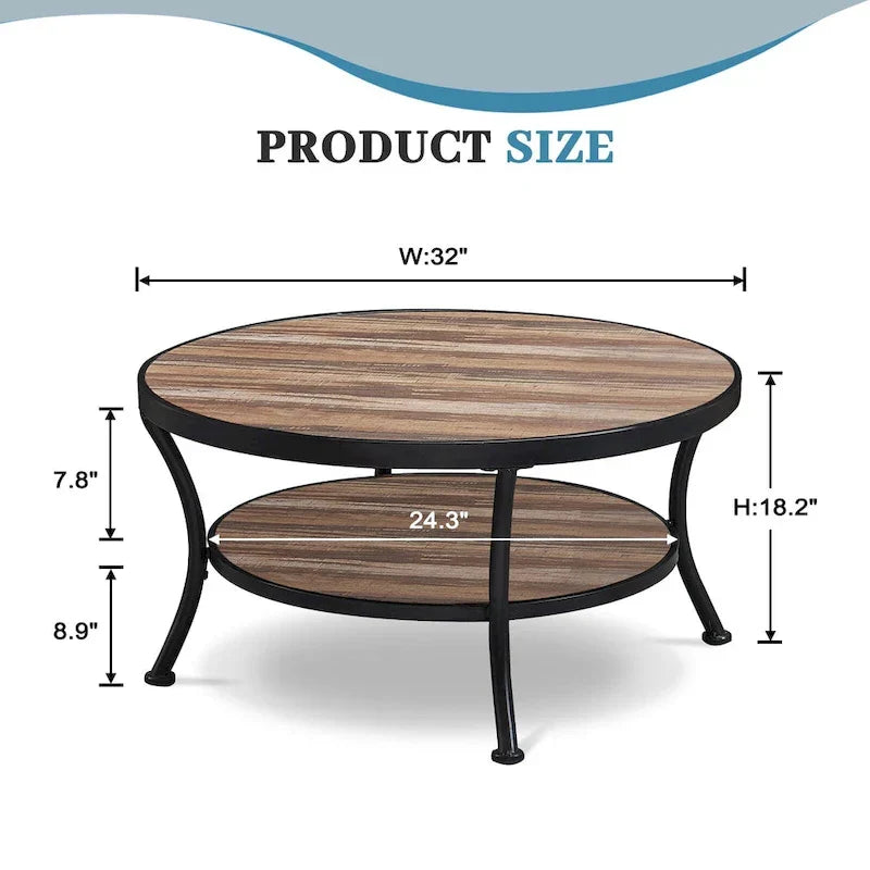Myhozm Industrial Round Metal Coffee Table with Shelf – Perfect for Living Room, Home Office, and Bedroom