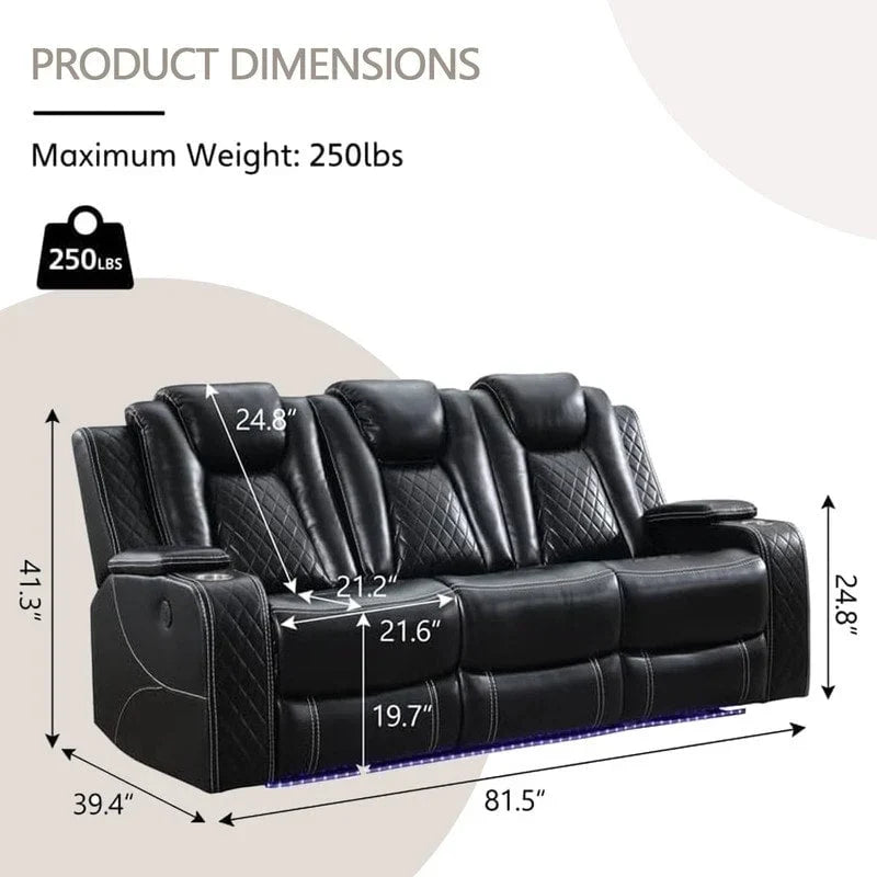 Black Power Reclining Sofa with Wireless Charger, Reading Light, Faux Leather, LED Lighting, AC/USB Ports, and Cup Holder for Living Room