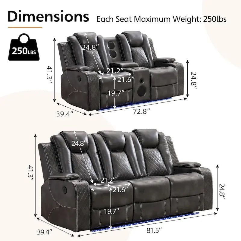 Black Power Reclining Sofa with Wireless Charger, Reading Light, Faux Leather, LED Lighting, AC/USB Ports, and Cup Holder for Living Room