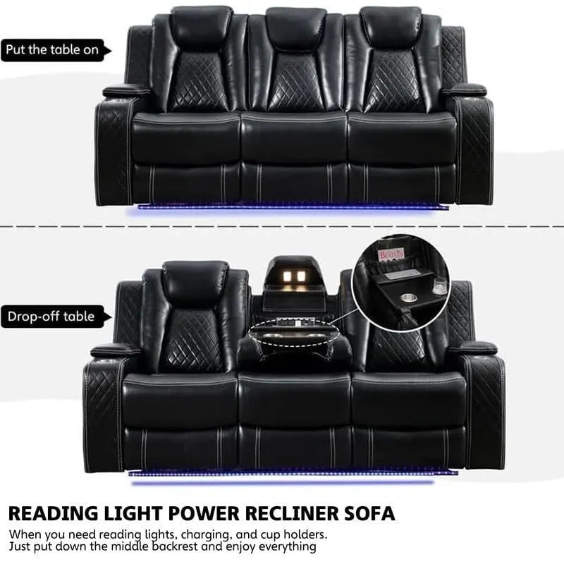 Black Power Reclining Sofa with Wireless Charger, Reading Light, Faux Leather, LED Lighting, AC/USB Ports, and Cup Holder for Living Room
