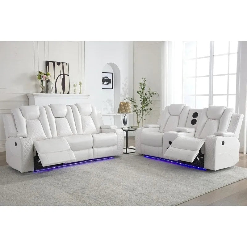 Black Power Reclining Sofa with Wireless Charger, Reading Light, Faux Leather, LED Lighting, AC/USB Ports, and Cup Holder for Living Room