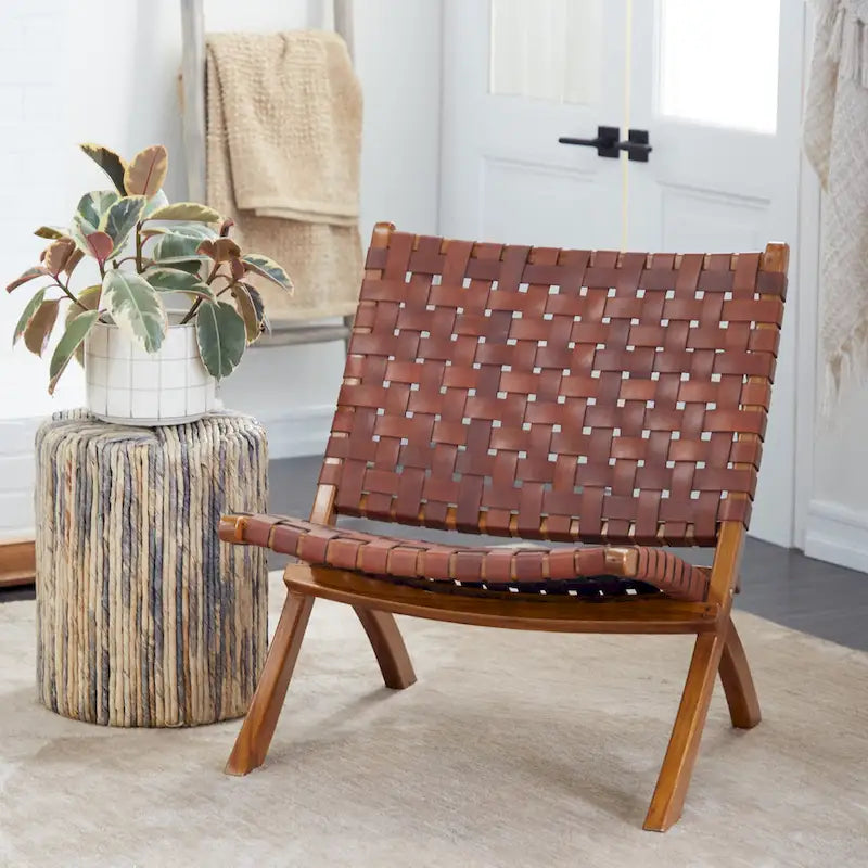Woven Leather Folding Chair with Brown Wood Frame - Available in Black or Brown - Roche River Decor