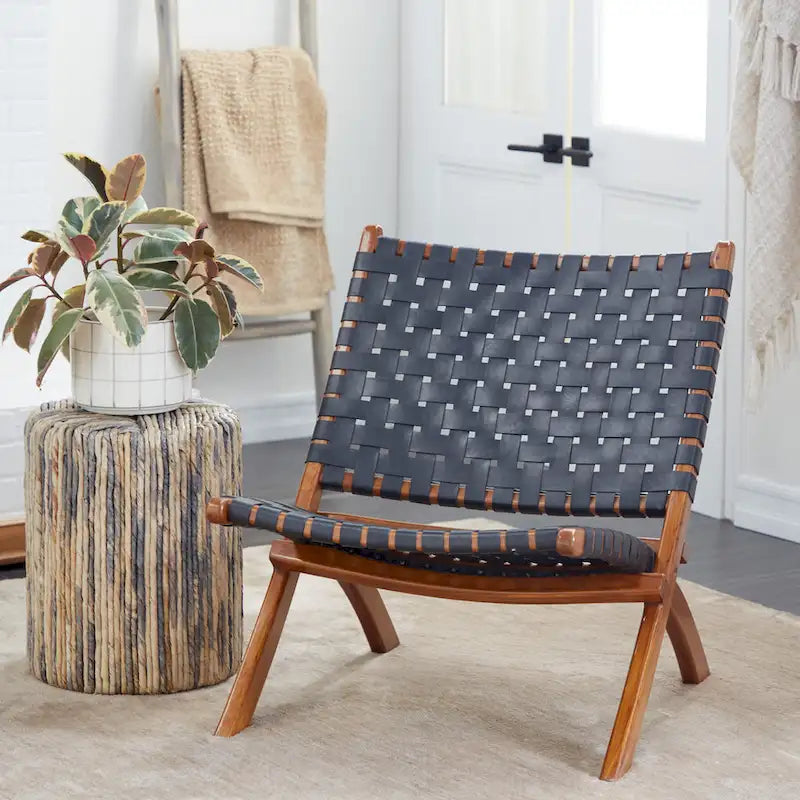 Woven Leather Folding Chair with Brown Wood Frame - Available in Black or Brown - Roche River Decor