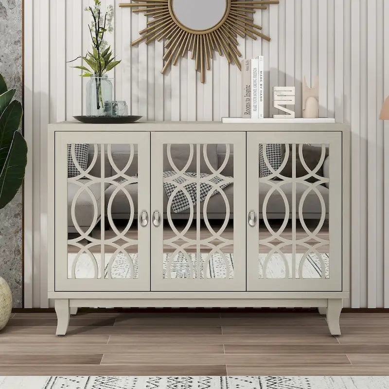 Mirrored Buffet Cabinet with Glass Doors and Silver Handles - 3 - Door Sideboard for Living Room, Hallway, and Dining Room