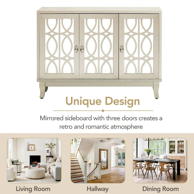 Mirrored Buffet Cabinet with Glass Doors and Silver Handles - 3 - Door Sideboard for Living Room, Hallway, and Dining Room