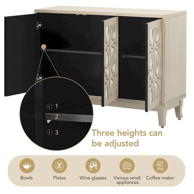Mirrored Buffet Cabinet with Glass Doors and Silver Handles - 3 - Door Sideboard for Living Room, Hallway, and Dining Room