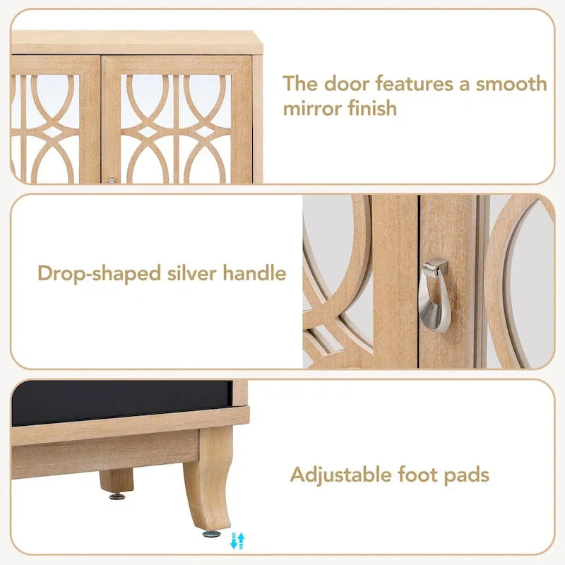 Mirrored Buffet Cabinet with Glass Doors and Silver Handles - 3 - Door Sideboard for Living Room, Hallway, and Dining Room