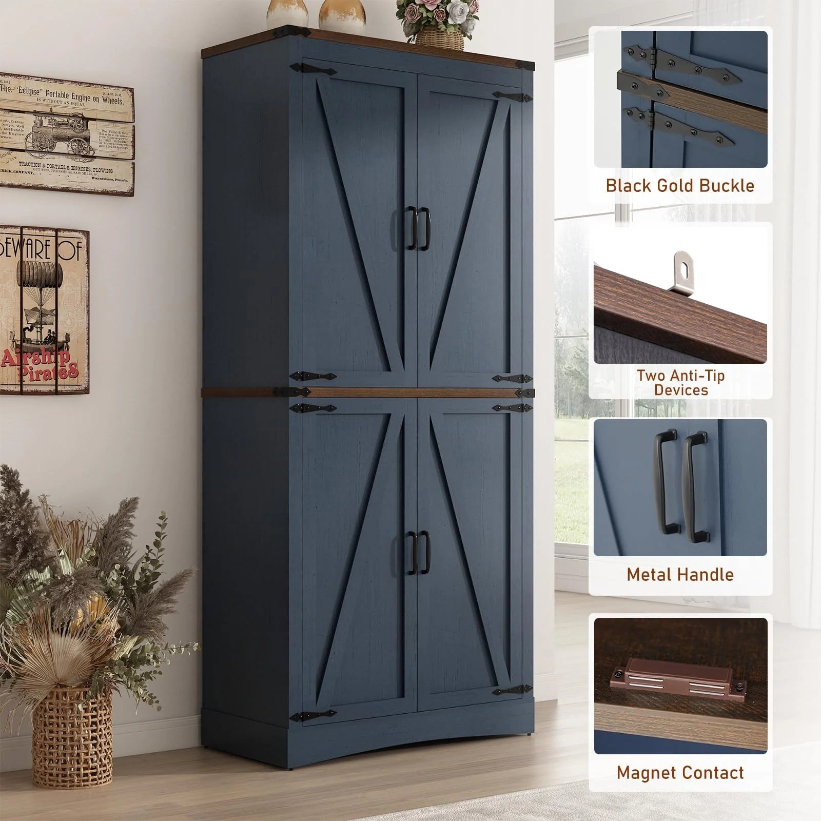 71" Tall Farmhouse Kitchen Pantry Cabinet, 5 Layers Storage Cabinet with Adjustable Shelves, Farmhouse Pantry Cabinet with 4 Barn Doors