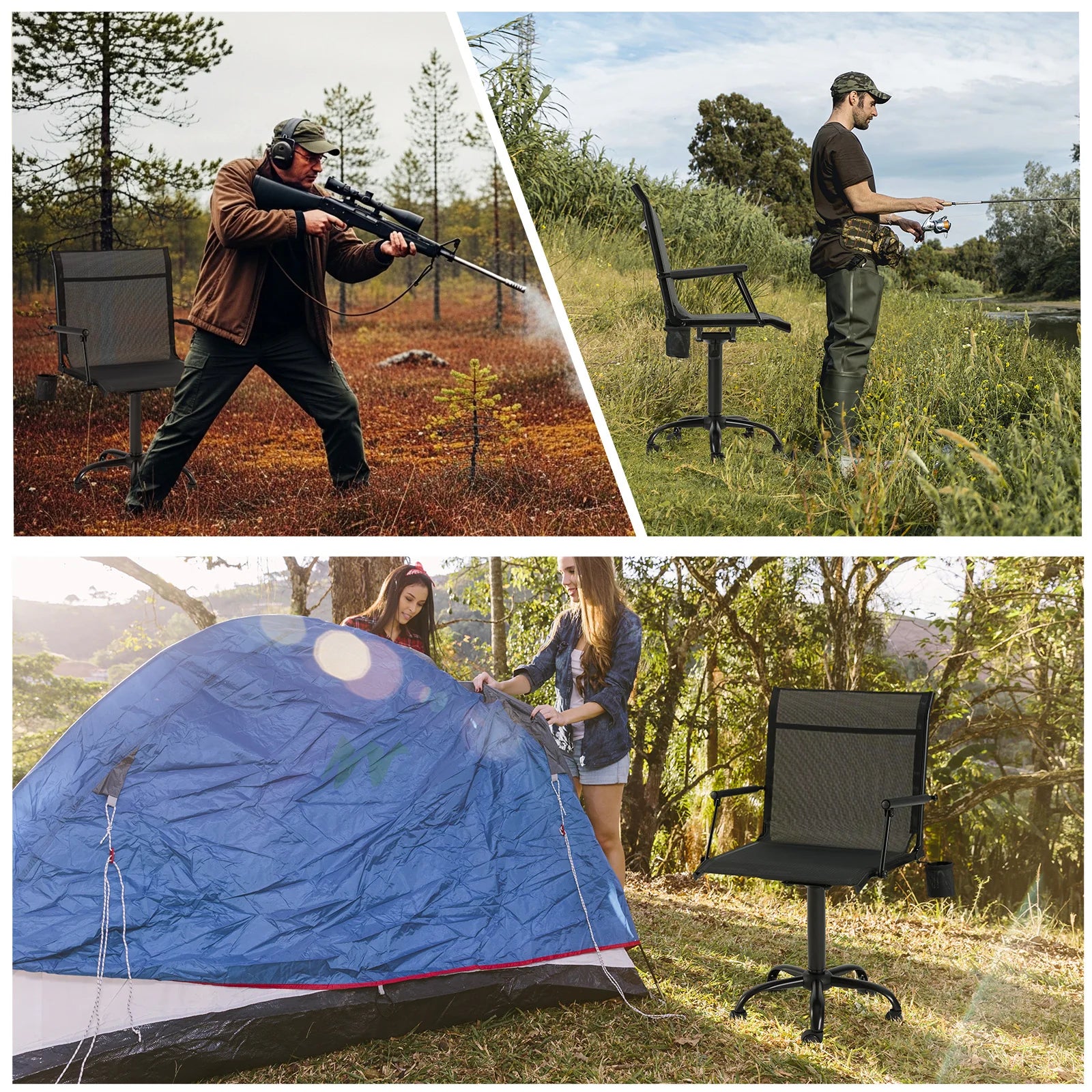 AECOJOY Hunting Swivel Chair, Adjustable Height, Foldable Backrest, Sturdy Frame for Long Hunts
