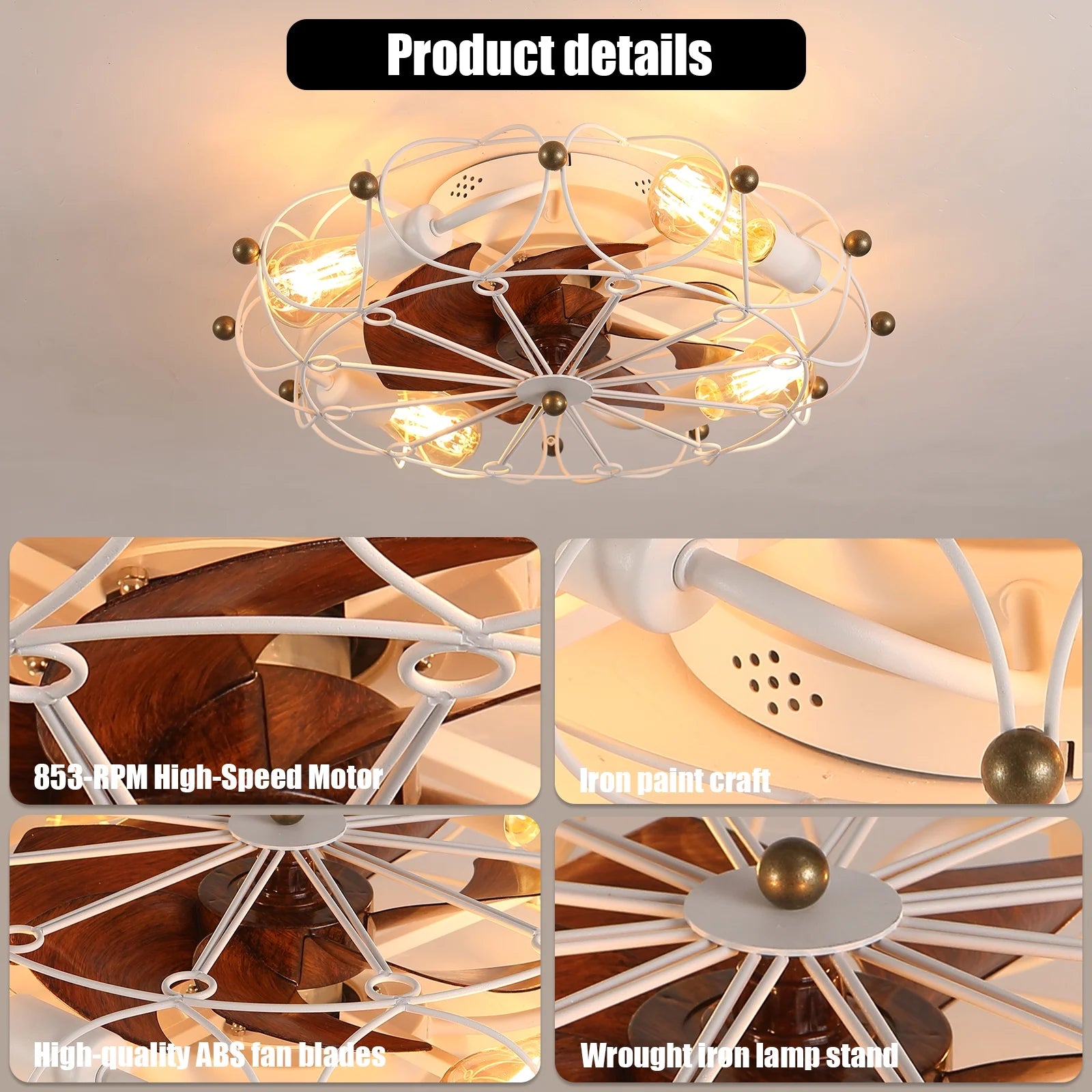 Industrial Cage Ceiling Fan - Low - Profile 7 - Blade Fan with Remote & Light - Modern Rustic Cooling for Small Spaces