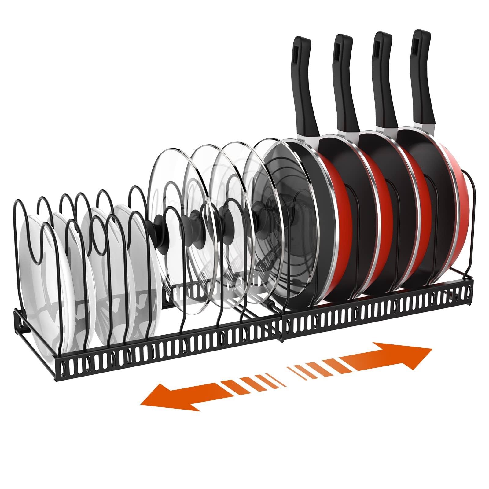 Housolution Pot and Pan Organizer Rack for Cabinet, Expandable Pot Lid Organizer Holder with 14 Adjustable Dividers, Cutting Board Cookware Organizer