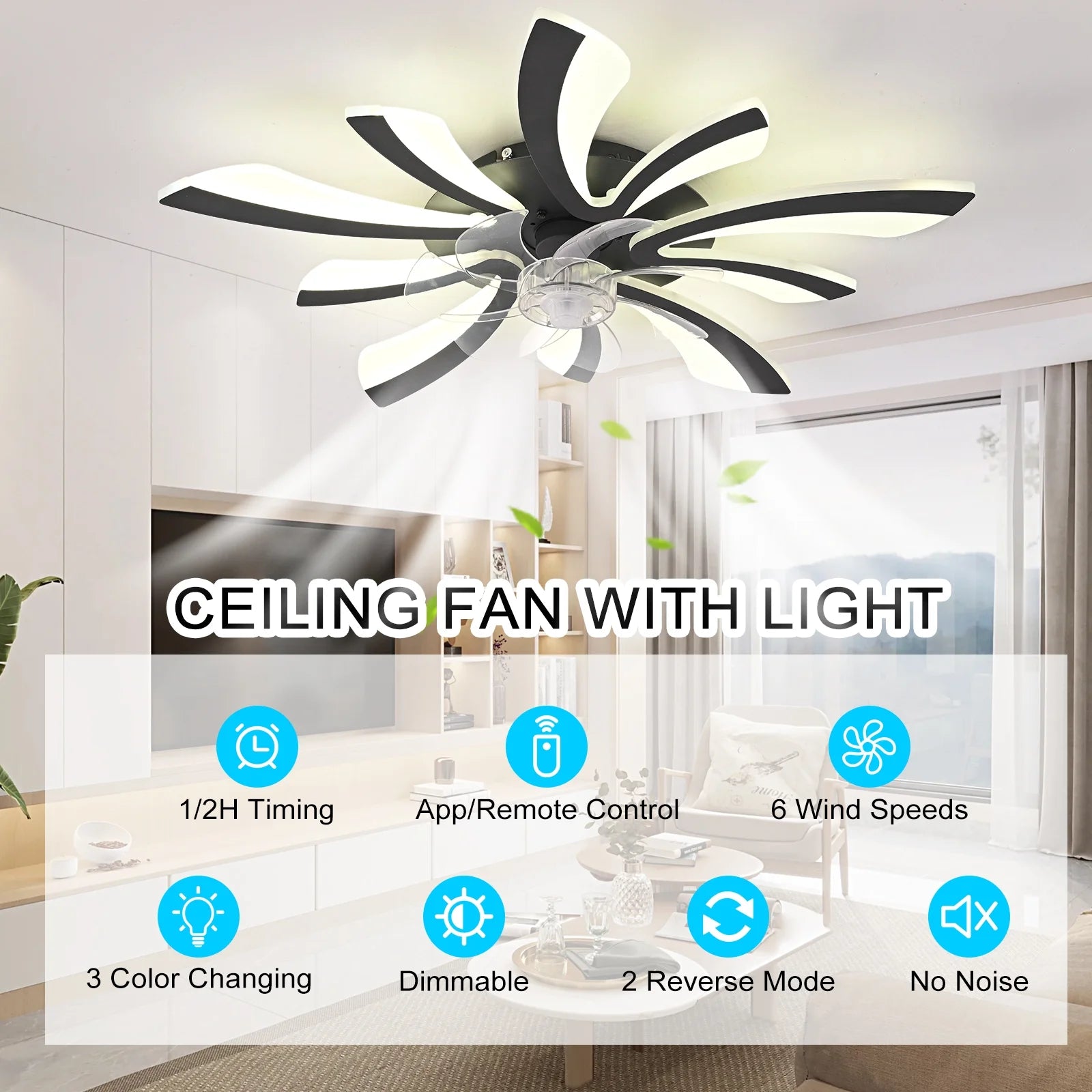 Garwarm Dimmable Ceiling Fan with Light and Remote Control, 27" Small Flush Mounted Ceiling Fan