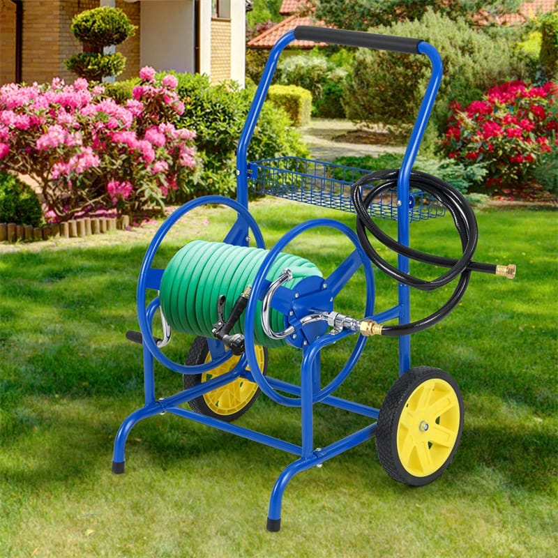 Garden Hose Reel Cart Holds 230FT of 5/8" Hose, Heavy - Duty Hose Cart with 2 Wheels & Storage Basket, Portable Water Hose Organizer for Yard