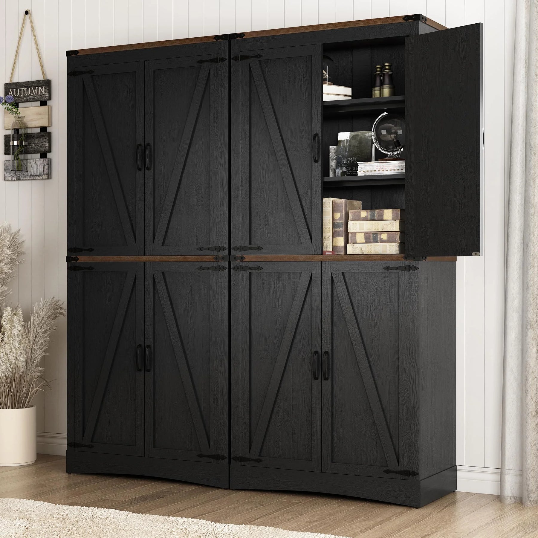 71" Tall Farmhouse Kitchen Pantry Cabinet, 5 Layers Storage Cabinet with Adjustable Shelves, Farmhouse Pantry Cabinet with 4 Barn Doors