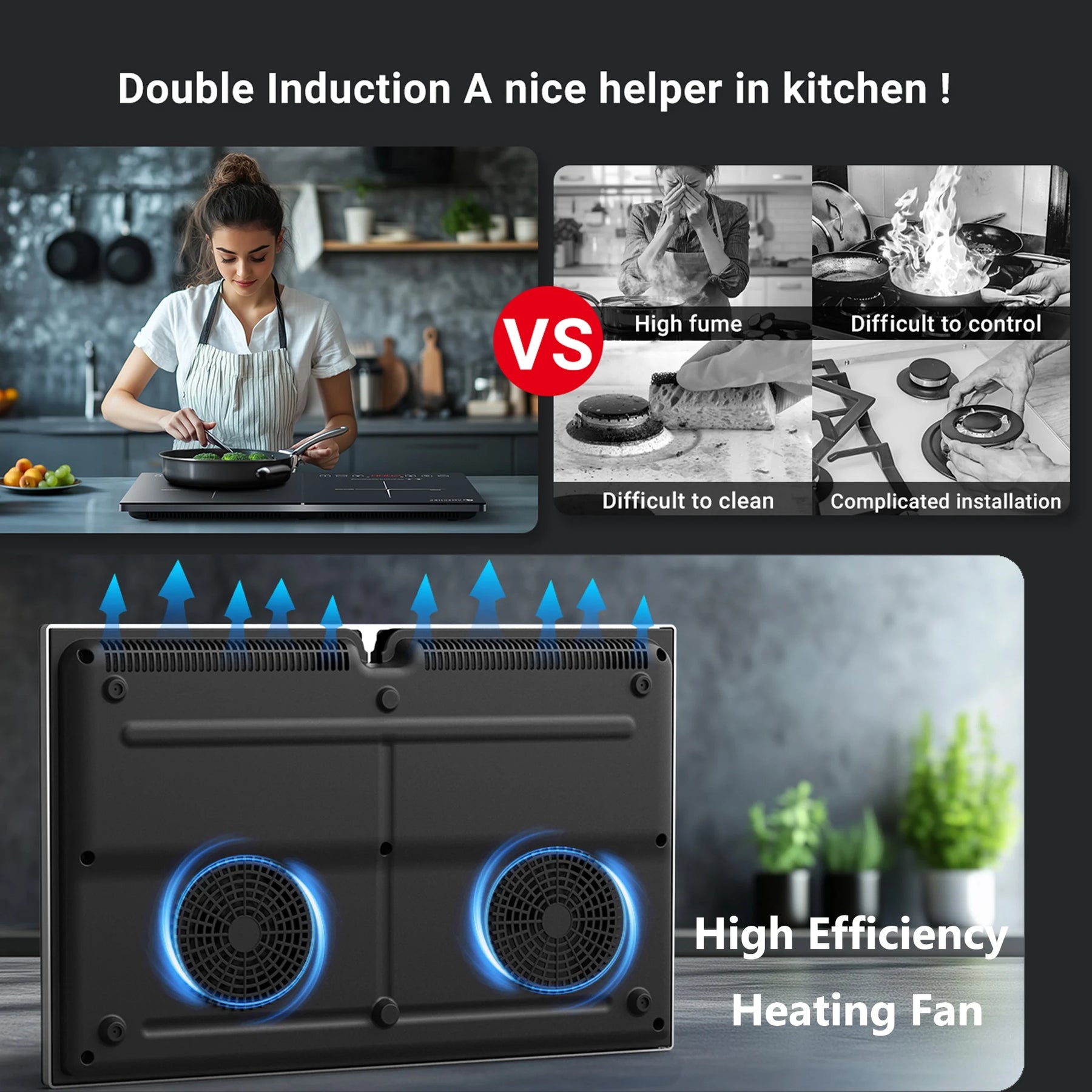 Aobosi Double Induction Cooktop with 2 Burners, 1800W Electric Stove Cooktop with Sensor Touch, 10 Temperature 9 Power Settings
