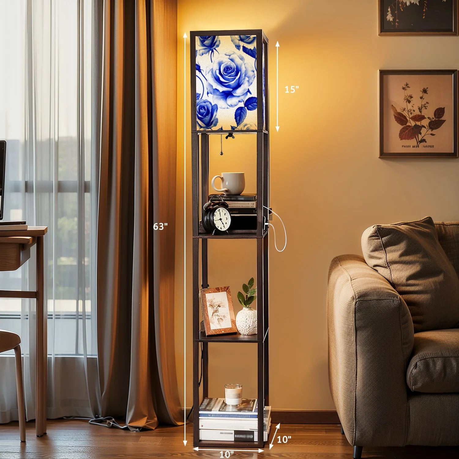 Floor Lamp with Shelves, Modern Dimmable Standing Lamp Floral Corner Display Bookshelf Lamp with 2 USB & 1 Power Outlet for Living Room & Bedroom