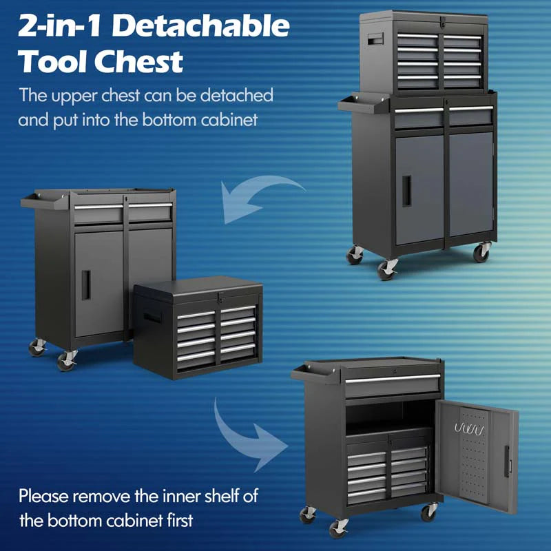 2 - in - 1 Rolling Tool Chest, 5-Drawer Tool Storage Cabinet with Wheels, Adjustable Shelf, Tool Box Organizer for Garage Warehouse Workshop