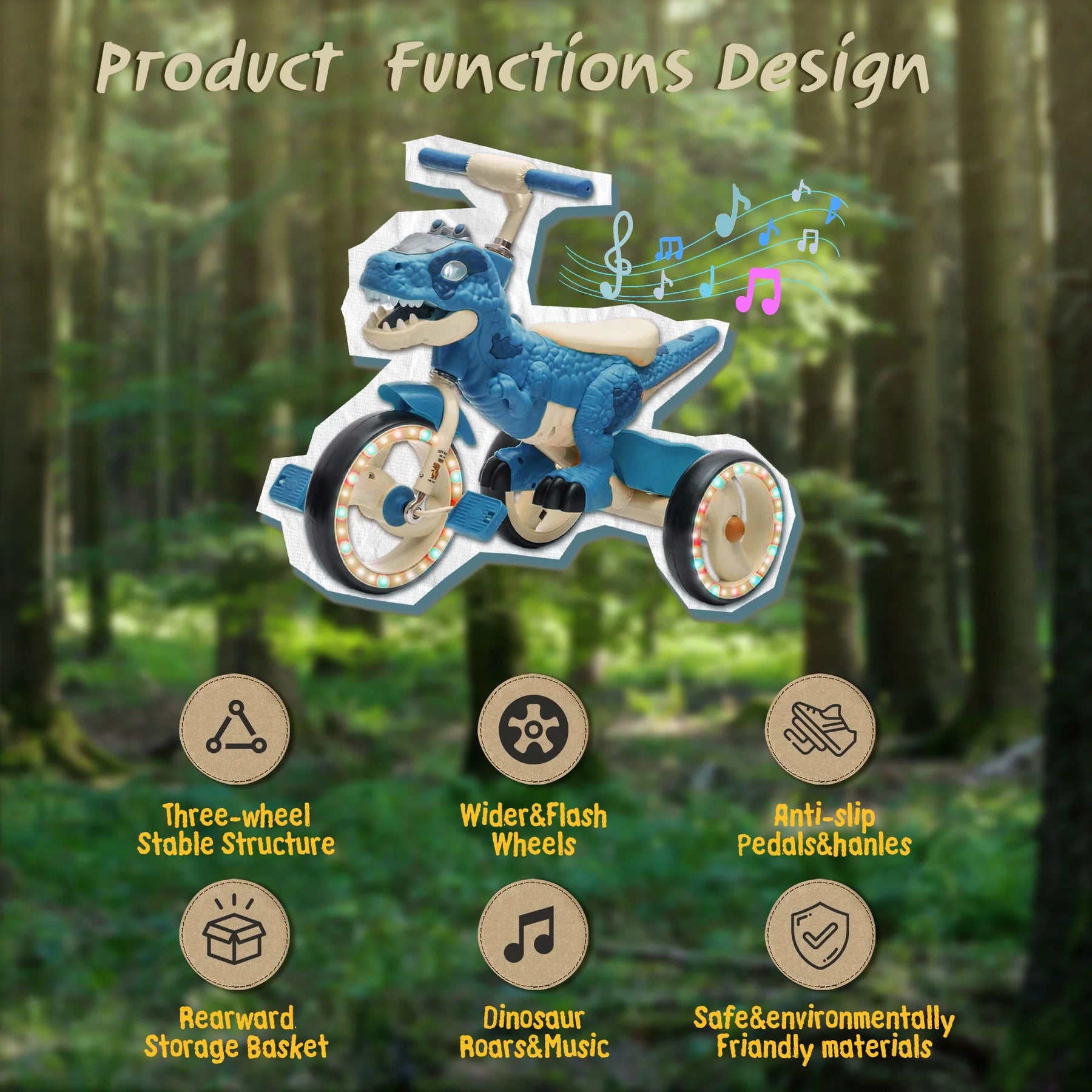 Xuanlur Kids Ride on Dinosaur Tricycle, Toddlers Kid Trike with Wide Flash Wheels, Anti - Slip Pedals, Rear Basket, Music & LED Lights, Toddler Bike