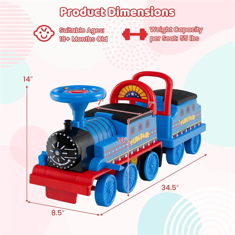 6V 2 - Seater Ride On Train with Detachable Carriage, Under - Seat Storage, Whistle & Flashing LED Lights, Trackless Electric Ride On Toy for Kids