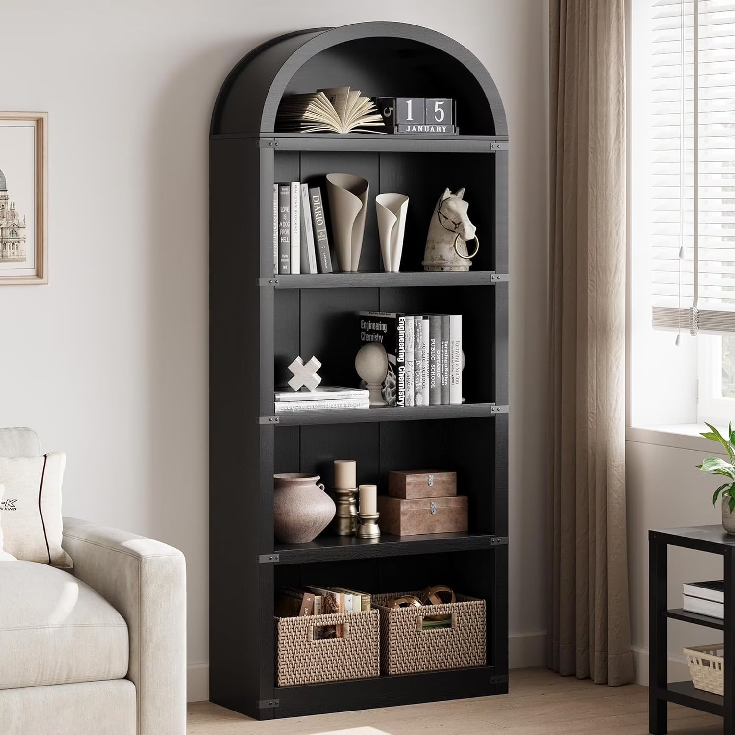 Bookcase 5 Shelf Arched Bookshelf 71.65in Tall Bookcase Farmhouse Display Storage Rack Wooden Bookshelves for Home Office, Living Room(White)