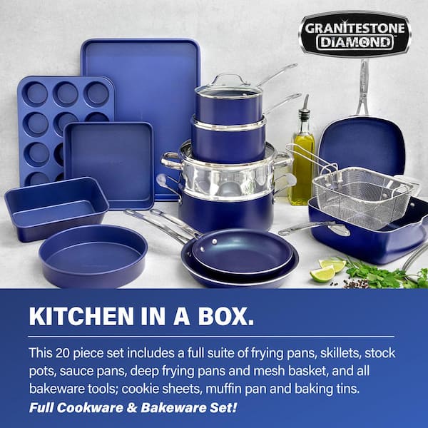Classic Blue 20-Piece Aluminum Ultra - Durable Non - Stick Diamond Infused Cookware and Bakeware Set