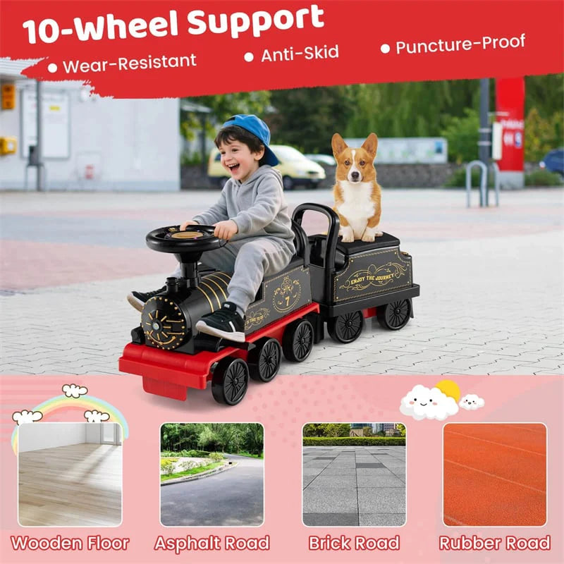 6V 2 - Seater Ride On Train with Detachable Carriage, Under - Seat Storage, Whistle & Flashing LED Lights, Trackless Electric Ride On Toy for Kids
